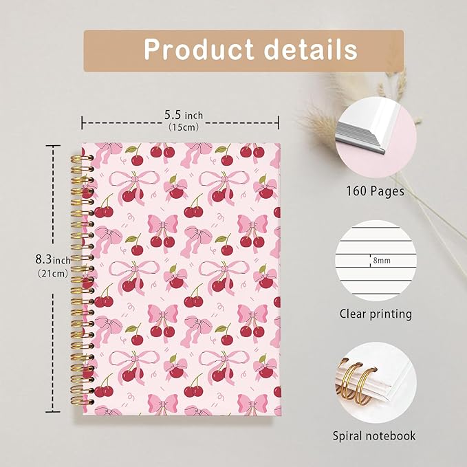 Coquette Cherry Notebook for Women - Preppy Pink Bow School Journal, Pink Office Supplies,Coquette Trendy Gifts for Girls Teens, Aesthetic Stationery Supplies 5.5x8.3