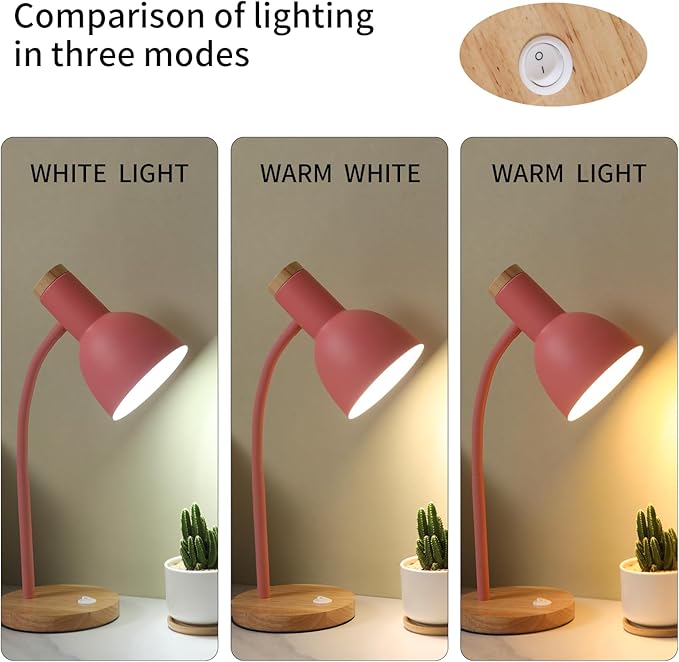 Table Lamp,Wooden Adjustable Desk Lamp,Dorm Lamp&Bedside Lamp for Living Room, Bedroom, Kids Room (Pink)