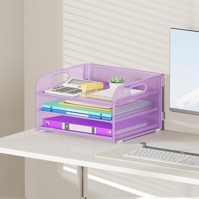3 Tier Paper Organizer with Handle, Metal Desk Organizer Mesh Paper Letter Tray Desktop File Folder Document Sorter for Classroom, School, Office Accessories Organization and Storage - Purple