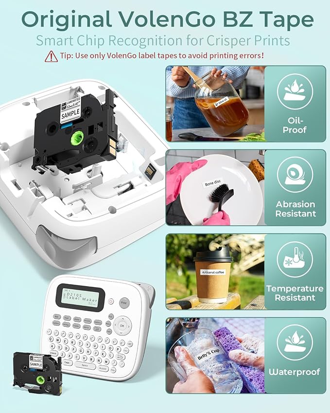 D210s Label Maker Waterproof-Labels, Label Machine with-Tape Laminated 12mm 0.47 White, Portable Labeling Maker with Keyboard & One-Touch-Keys, for Home Kitchen Office School Organization