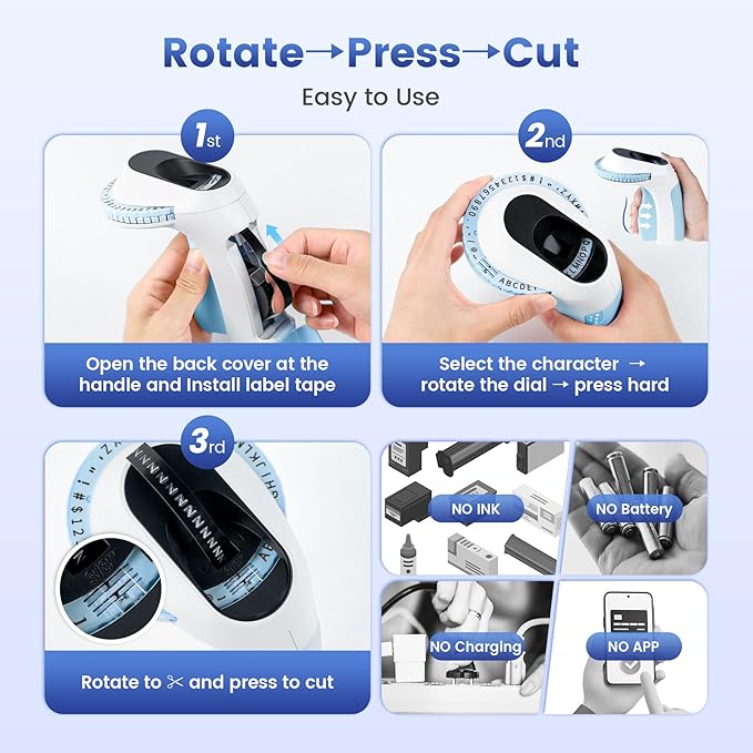 Embossing Label Maker ,Vintage Embossed Label Maker Machine with Tapes,Manual Retro Labeler ,Old School Embosser with 3 Rolls 9mm 3D Embossing Tapes for Home Marking Office Kids DIY Crafting - Blue