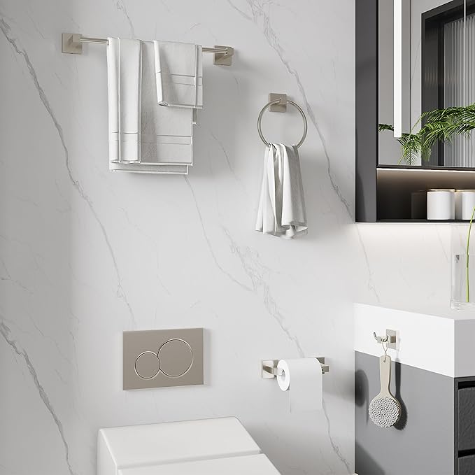 Ruacq 4pcs Bathroom Hardware Set-Toilet Paper Holder-Towel Ring -Towel Hooks for bathrooms-18 Inch Towel Bar Stainless Steel Wall Mounted, Bathroom Accessories Set (Brushed Nickel)