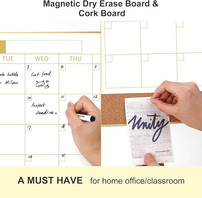 ARCOBIS Dry Erase Calendar with Cork Board for Wall, 12"x16" Double-Sided Calendar Whiteboard & White Board with Gold Frame, Magnetic Monthly Planning Board for Home, Office, School