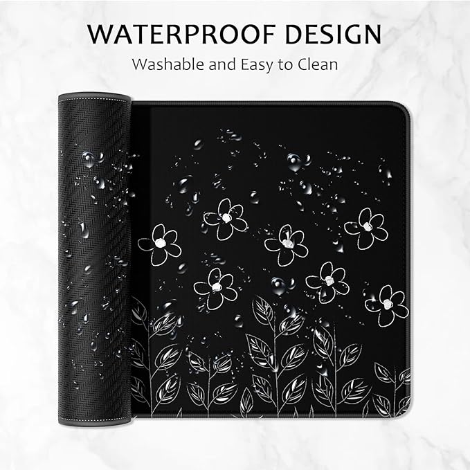 Auhoahsil Desk Mat, Ultra Large Mouse Pad, XXL Gaming Mousepad, Pretty Desk Pad, Big Extended Full Size Desktop Desk Matt for Keyboard, Laptop & Computer, 35.5 x 15.7 in, Minimalist Flower Black