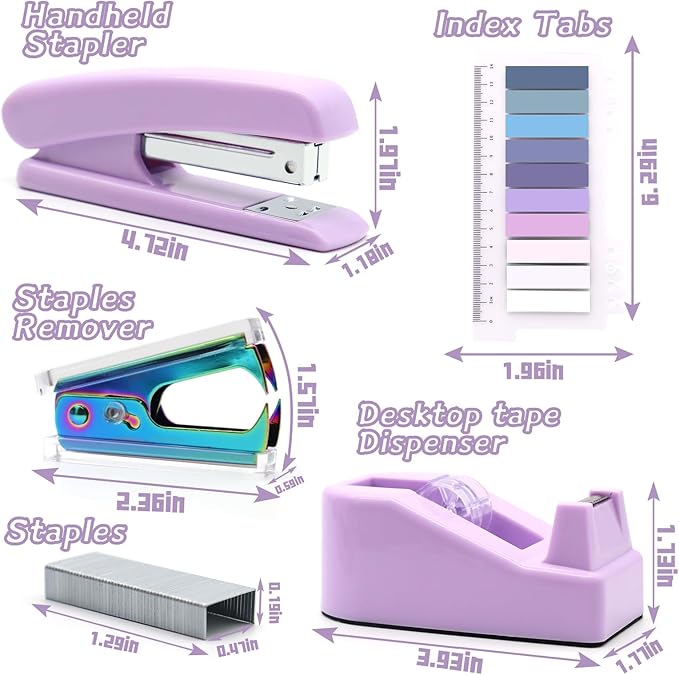 Purple Office Supplies Set, UPIHO Stapler and Tape Dispenser Set, Office Desk Accessories Kit with Stapler, Tape, Remover, Staples, Clips, Scissor and Tabs for Women, Clerks…