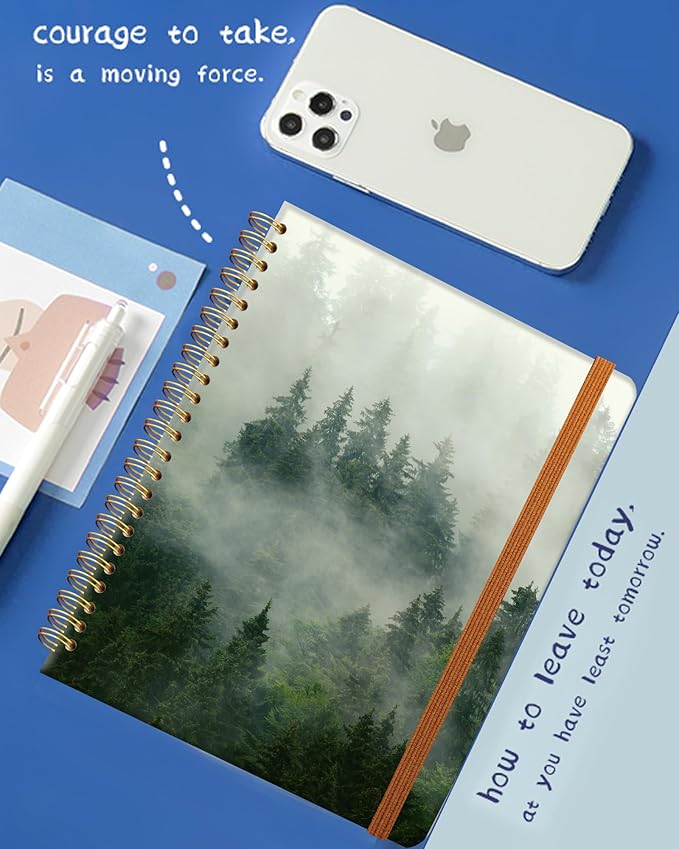 Ruled Spiral Writing Notebook,A5 Hardcover Lined College Journal for Women,Strong Twin-Wire Binding with Premium Paper,8.4" X 6",Perfect for School,Office,Home(Misty Landscape Forest)