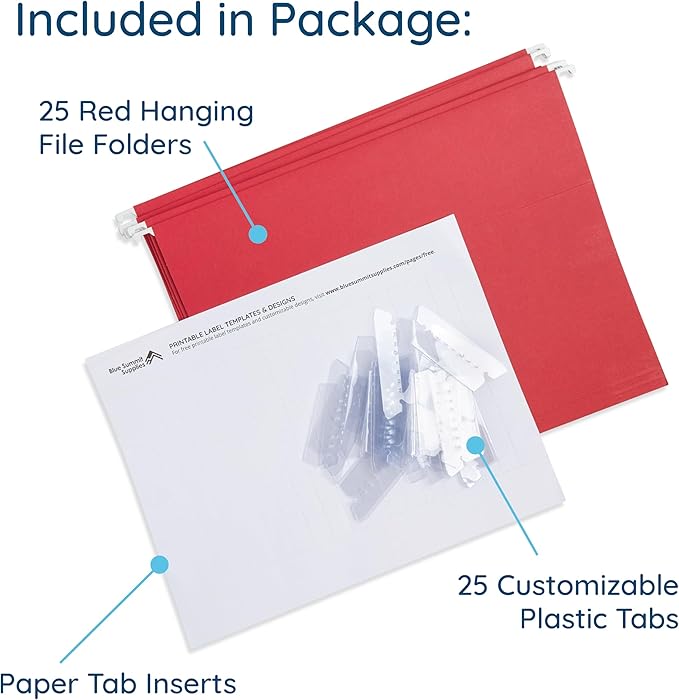 25 Blue Summit Supplies Red Hanging File Folders Letter Size – Durable 11pt Paper, Plastic Tabs and Inserts Included, Fits Standard Filing Cabinets and Desktop Organizers
