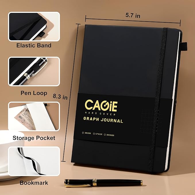 CAGIE Graph Notebook 320 Pages 100 GSM Paper Graphing Grid Journal A5 Hardcover Leather Quad Ruled Notebooks for Engineering, Math, Work, Black