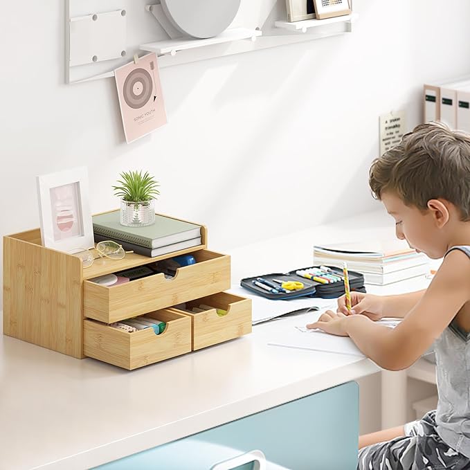 Wisuce Bamboo Desk Organizer - Mini Bamboo Desk Drawer Tabletop Cosmetic Storage Organization for Office or Home (Nature 3 Drawers)