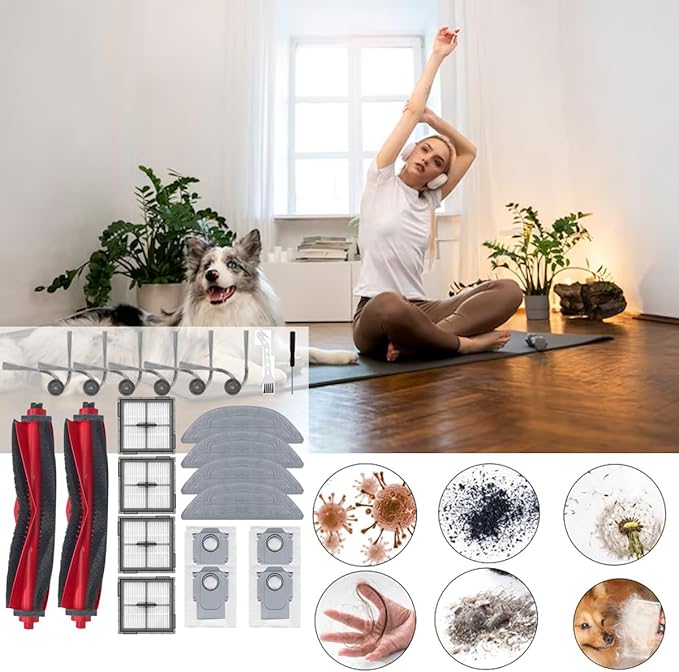22 Pack Replacement Accessories Kit Compatible With Roborock Q10 S5/Q10 S5+/Q10 X5/Q10 X5+,2 Main Brush 6 Side Brush,4 Hepa Filter,4 Mop Pads,4 Dust Bags (Q10 Series)
