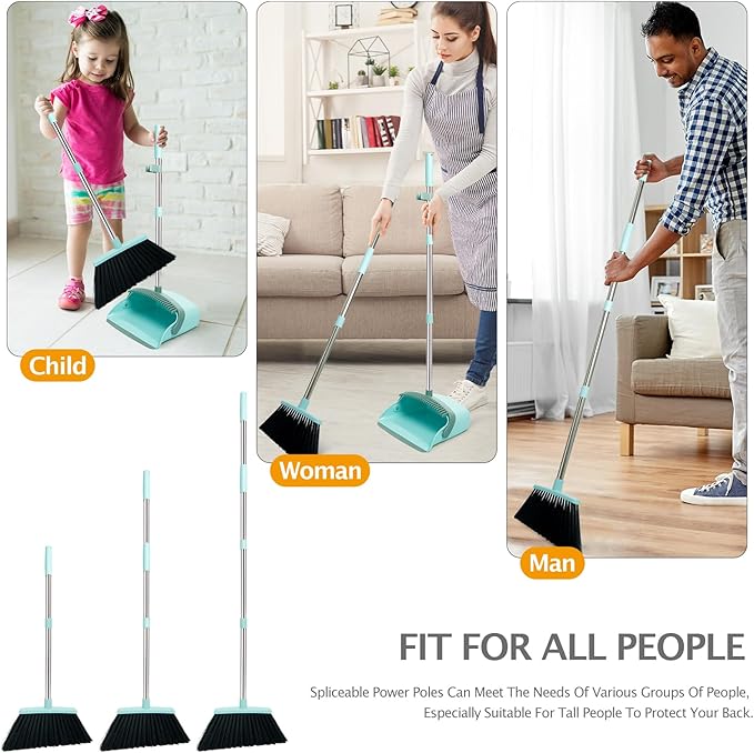 XXFLOWER Broom and Dustpan Set, Dustpans with Broom Combo for Home, Heavy Dust Broom and Dustpan Combo, Long Handle Dust Pan and Broom Set for Kitchen, Office, Pet Hair,Green, Pack of 1