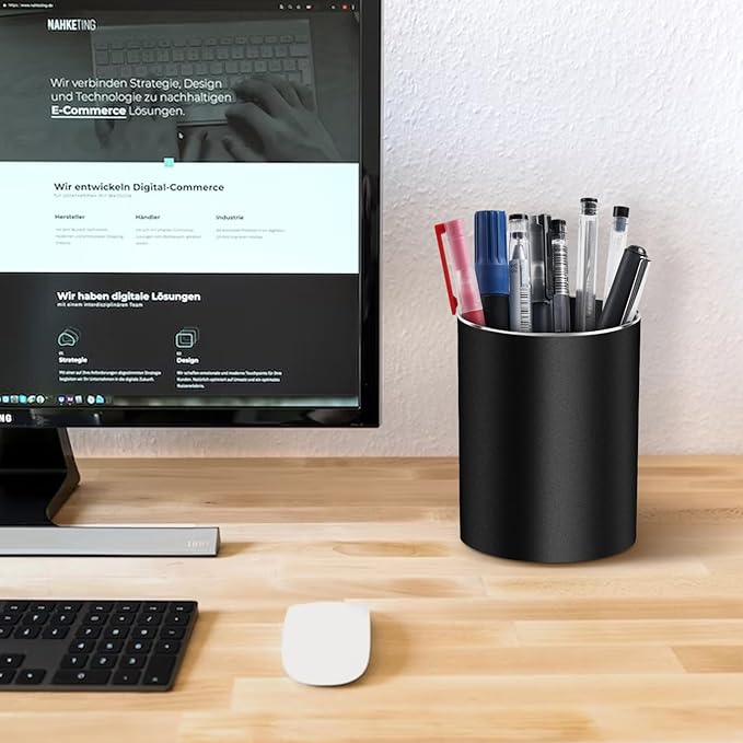 Metal Pen Holder for Desk Round Aluminum Desktop Organizer and Makeup Brush Holder Storage Box for Office, School, Home, and Kids, Non-slip silicone bottom3.9×3.14inch (Black)