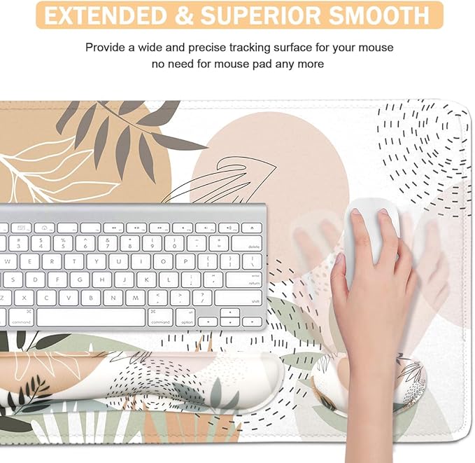 4-in-1 Large Mouse Pad, Keyboard Wrist Rest Pad & Wrist Support Mousepad Set, Extended Desk Pad Waterproof Desk Mat for Home Office Study Game - Leave