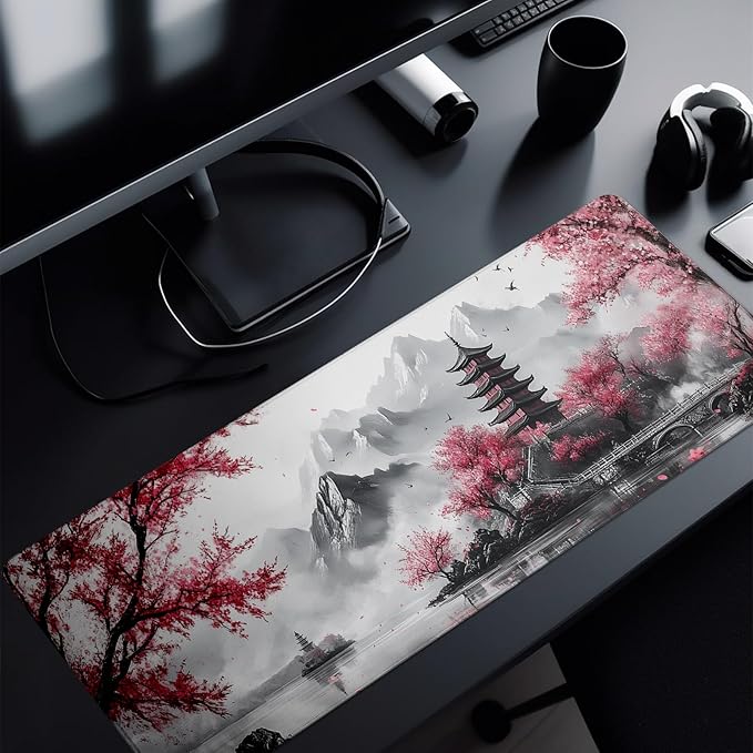 Pagoda Mouse Pad Abstract Cherry Blossom Watercolor Mouse Pad 31.5x11.8 Inch Texture Non-Slip Rubber Base Large Mousepad Stitched Edges Keyboard Mouse Mat Desk Pad for Office and Home