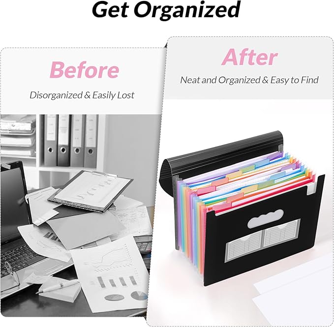 SKYDUE Accordion File Organizer, 13 Pocket File Folder Organizer with Colorful Tabs, Expanding Document Organizer for Letter A4 Size for Office School Use Black
