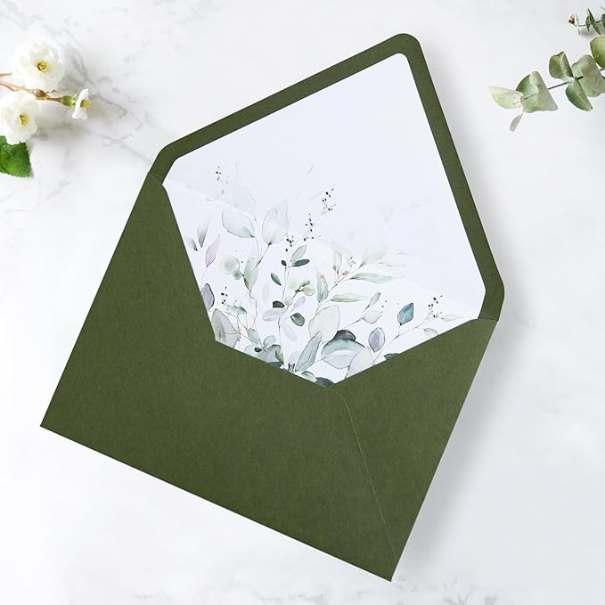 PONATIA 50PCS A7 Euro Flap Envelope, 5.25 x 7.25'' Olive Green Flowers Liner Envelopes for Wedding Invitations, Photos, Postcards, Greeting Cards, Christmas Gift, Acrylic Mailing, 5 x 7 Envelopes