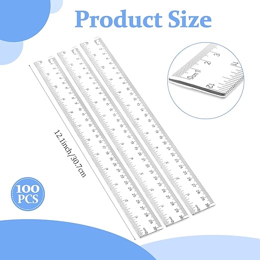 100 Pieces 12 Inch Ruler Bulk Clear Plastic Flexible Straight Metric Rulers with Centimeters and Inches Drafting Measuring Tool for Office