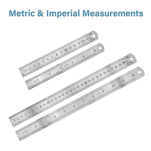 Stainless Steel Ruler Set, 12 Inch and 6 Inch Metal Straight Edge Rulers for Craft, Office and Engineering, 4-Pack