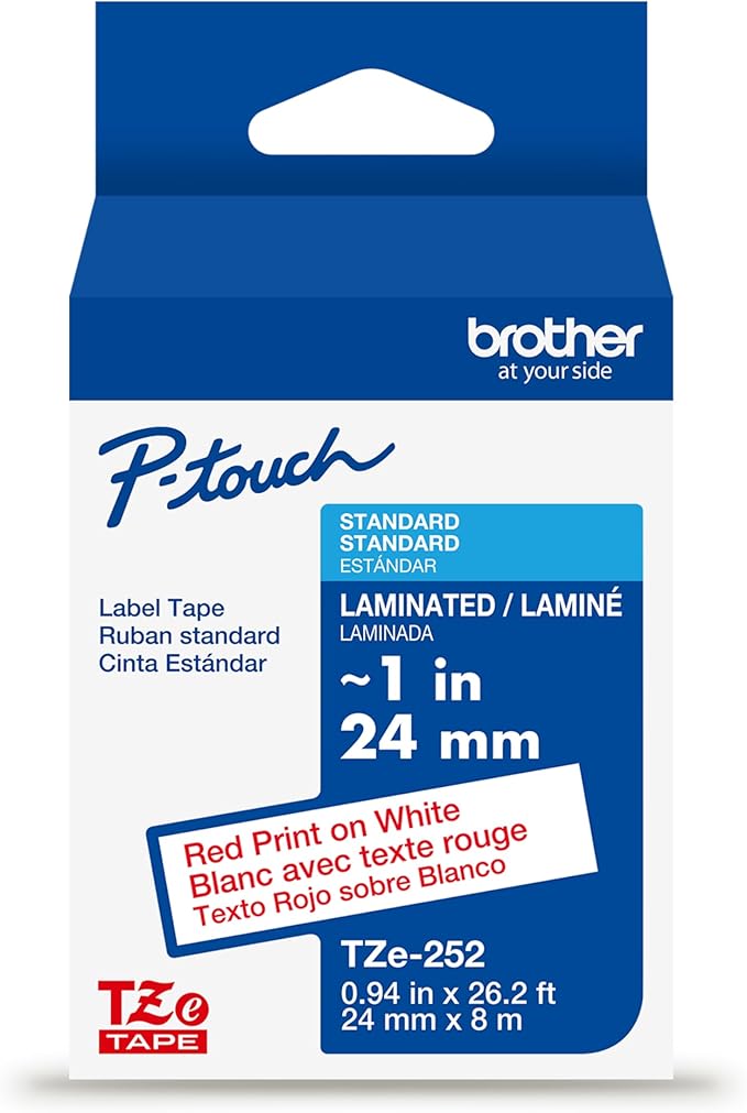 Brother Genuine P-Touch TZe Red Print on White Label Tape (TZe252), Laminated,1in x 26.2ft (24mm x 8m), for Select P-Touch Label Makers, Durable, Water-Resistant, Indoor/Outdoor Use