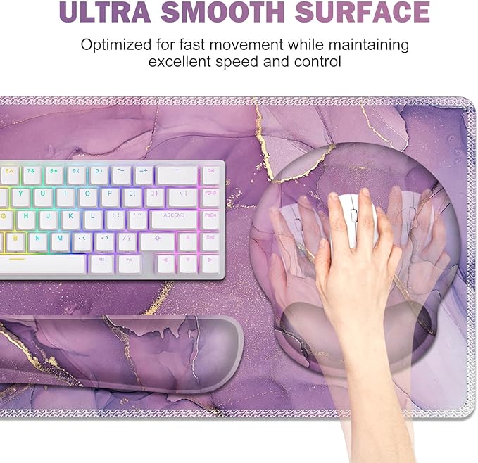 ToLuLu Desk Mat, XXL Large Mouse Pad Wrist Support Set，4 in1 Gaming Mousepad Desk Pad+ Ergonomic Mouse Pad with Wrist Rest + Keyboard Wrist Rest+Coaster for Women Home Office Computer, Purple Marble