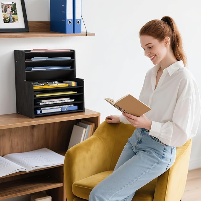 Wood Office Desk File Organizer - 7 Tier Desk Top Storage Shelf Stationary Workspace Organization Small Wooden Desktop Paper Tray,Black