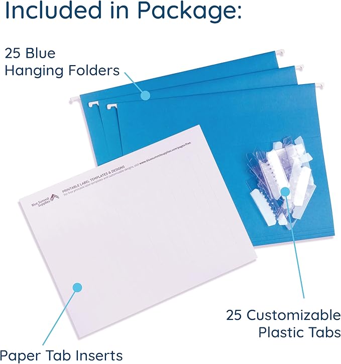 Blue Summit Supplies Hanging File Folders, 25 Reinforced Hang Folders, Designed for Home and Office Color Coded File Organization, Letter Size, Blue, 25 Pack