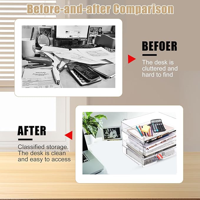 Clear Stackable Paper Trays 4 Pack, PET Letter Tray Desk Organizer, Desktop Organizers and Storage for Books, Magazines, Folders, A4 Size File Paper, Notes, Pens