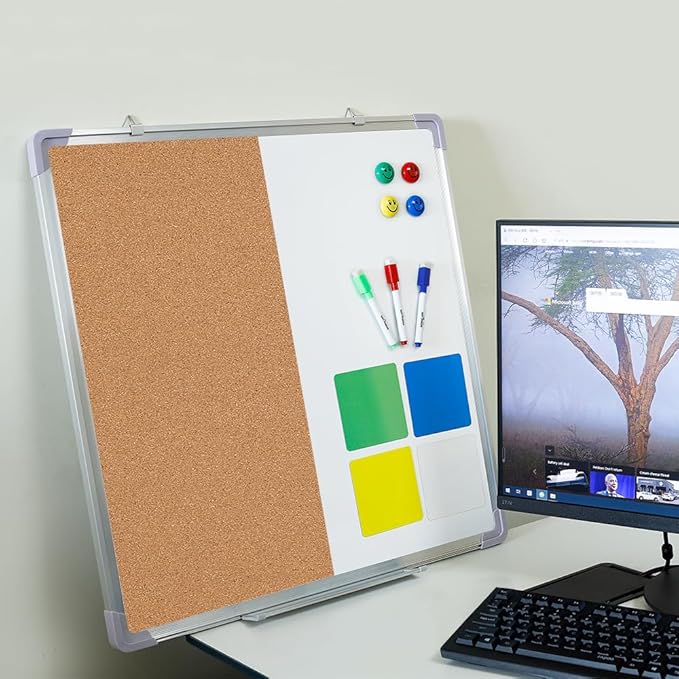 Cork Board White Board Combo - 24 x 24 Dry Erase Cork Board with 1 Dry Eraser, 4 Markers, 4 Magnets, 10 Thumb Tacks and 6 Magnetic Notes - Message Bulletin Board White Board for Home Office Desk
