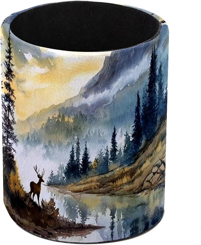 Watercolor Mountain Deer PVC Leather Circular Pencil Holder for Desk Organizer Stationery Holder for Office, School(3.9 x 3.1 Inches)