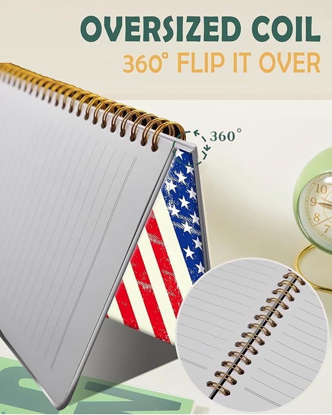 Ruled Spiral Writing Notebook,A5 Hardcover Lined College Journal for Women,Strong Twin-Wire Binding with Premium Paper,8.4" X 6",Perfect for School,Office,Home(Retro American Flag)