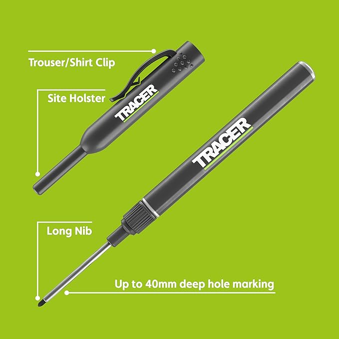 Tracer 40-50mm Long Nib Marker with Holster 2 Pack - Woodworking Tools - Deep Hole Work Pen For Wood, Plastic - Tile and Metal - Extended Nose Marking Pens Deep Nose Marker Carpenter Tools - ALNP2