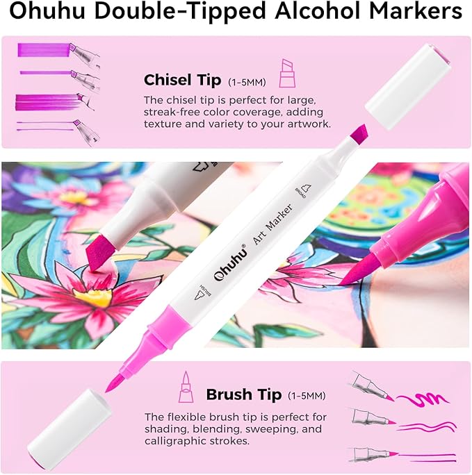 Ohuhu Alcohol Markers Brush Tip: Double Tipped Art Marker Set for Artists Adults Drawing Sketching Illustration - Brush Chisel Color Markers - Pack with 94 Vibrant Colors 2 Marker Cases 2 Blenders