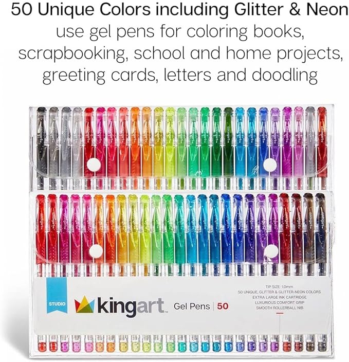 KINGART 400-50 Glitter Rollerball Gel Pens, 50 Sparkling Colors with Soft-Grip Comfort, XL Ink Cartridge - More Ink, Great for All Ages, Writing, Coloring, Doodling, Scrapbooking, Journaling & More