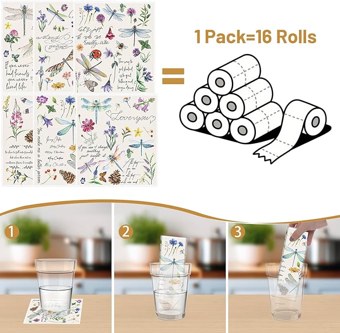Dragonfly Swedish Dishcloths for Kitchen, 6 Pack Vintage Wildflower Reusable Paper Hand Dishing Towels Housewarming Gifts, Absorbent Dish Rags Decoration for Home Cooking Cleaning