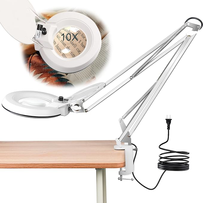 10X Magnifying Glass with Light and Stand,LED Dimmable Lighted Desk Lamp with Clamp,Magnifier Hands Free-Adjustable Stainless Steel Arm,for Crafts Hobbies Reading Painting Sewing Diamond Close Work