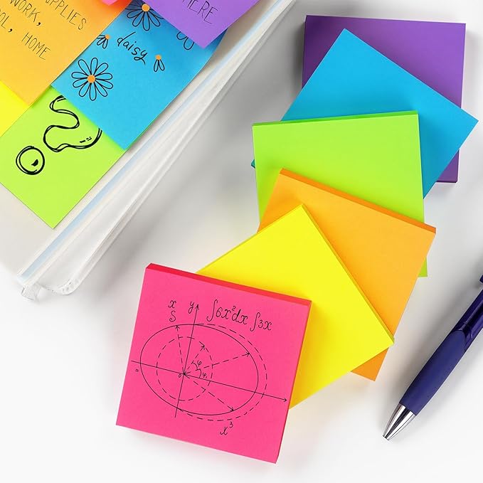 Sticky Notes 3x3 inch, Bright Colors Self-Stick Pads, 12 Pads/Pack, 100 Sheets/Pad, Total 1200 Sheets