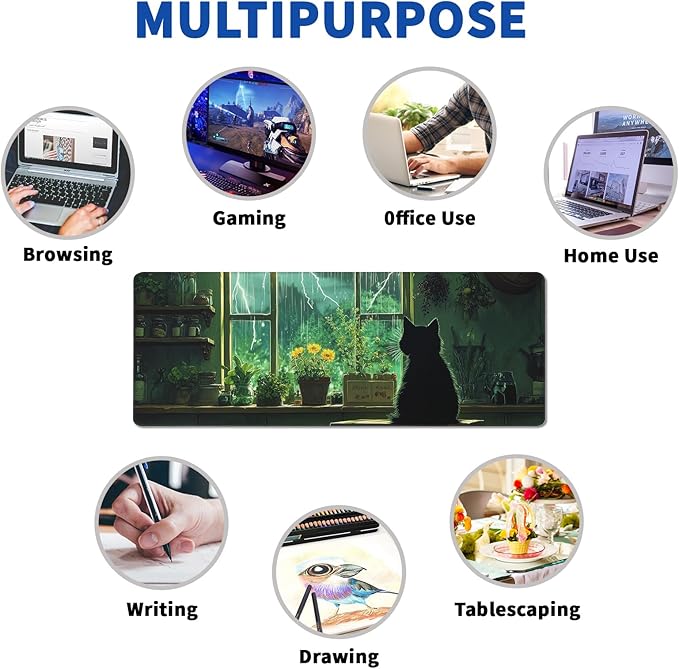 Green Black Cat Mouse Pad Abstract Green Mouse Pad 31.5x11.8 Inch Cat Texture Non-Slip Rubber Base Large Mousepad Stitched Edges Keyboard Mouse Mat Desk Pad for Office and Home