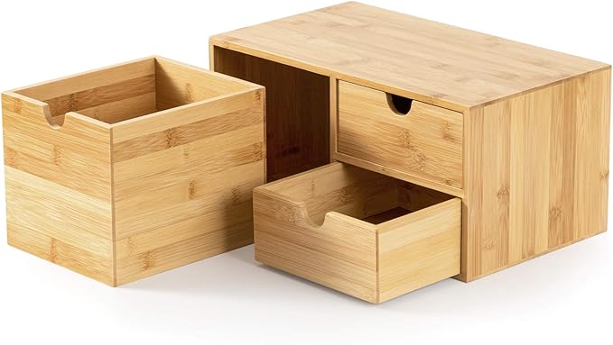 Wisuce Bamboo Desk Organizer - Mini Desktop Drawer Tabletop Storage Organization Box for Office Home Toiletries Supplies, No Assembly Required (3 Drawer with big drawer)