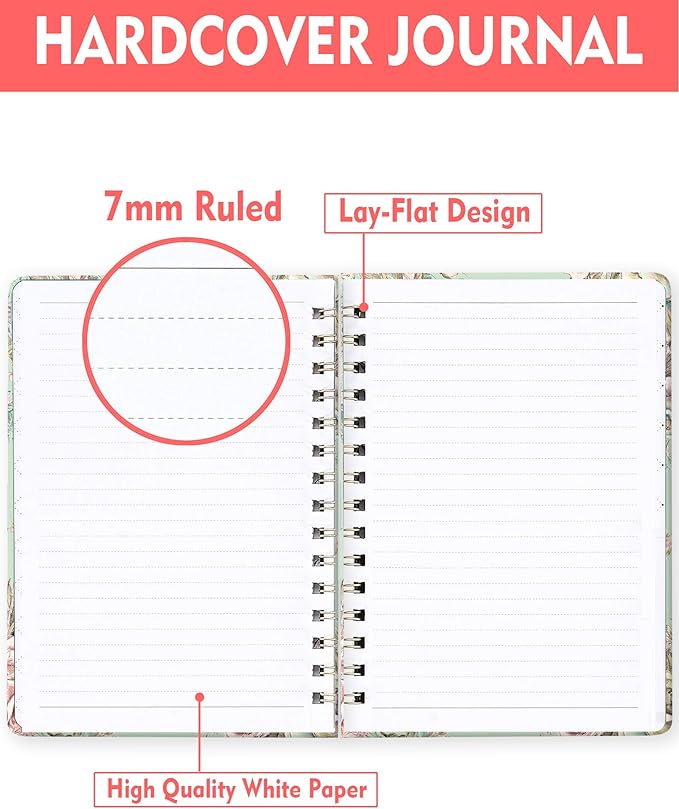 Spiral Journal Notebook for Women, Hardcover A5 College Ruled Notebook, 120 Pages, Thick Paper, Cute Lined Journal for School, Office & Work, 6 x 8.4 in(Vintage Flower)