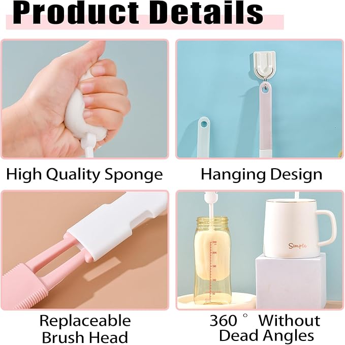 Spong Bottle Brush 5PCS Cup Brushes Sponge Baby Bottle Brushes Long Handle Cup Scrubber Brush Portable Sponge Cleaning Brush (5 PCS)