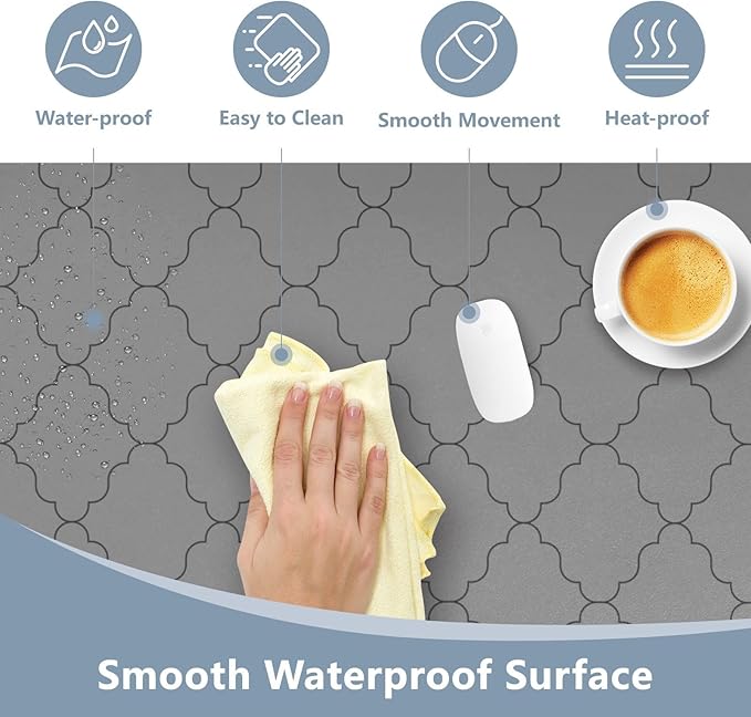 Mouse Pad Desk Mat Leather Desk Pad Large Gaming Desk Cover Protector Mat for Keyboard Computer Laptop Office Waterproof 47.2 x 23.6 Inch Monochrome Geometric Quatrefoil Grey