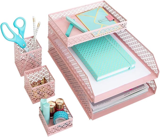 BLU MONACO Pink Desk Organizer Set for Women – 6-Piece Interlocking Office Supplies Set, Pen Cup, 3 Accessory Trays & 2 Letter Trays, Pink Room Decor for Women & Teen Girls