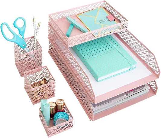 BLU MONACO Pink Desk Organizer Set for Women – 6-Piece Interlocking Office Supplies Set, Pen Cup, 3 Accessory Trays & 2 Letter Trays, Pink Room Decor for Women & Teen Girls