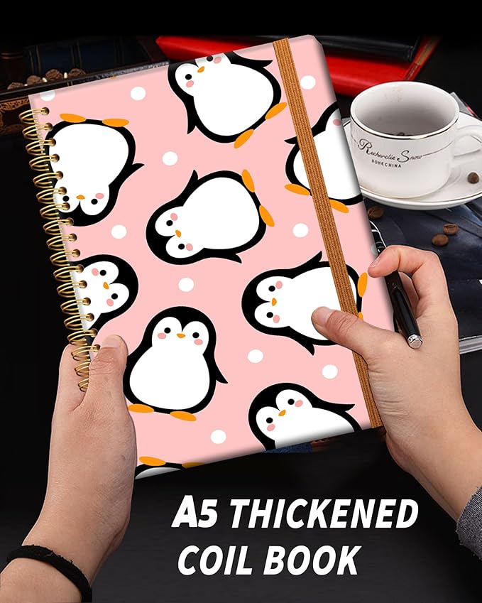 Ruled Spiral Writing Notebook,A5 Hardcover Lined College Journal for Women,Strong Twin-Wire Binding with Premium Paper,8.4" X 6",Perfect for School,Office,Home(Cute Penguin)