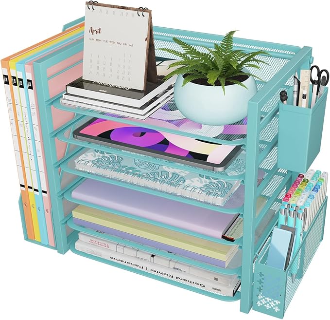 Simple Trending 6 Tier Desk File Organizer, Paper Letter Tray Organizer with File Holder and Pen Container, Blue