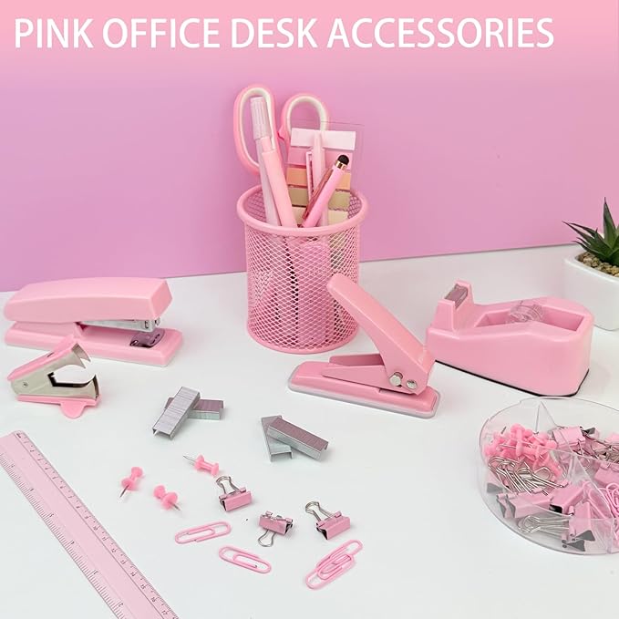 Pink Desk Accessories Set - 16 Pcs Pink Office Supplies with Stapler, Tape Dispenser, Pen Holder, Staple Remover, Hole Punch, Practical Aesthetics Desk Sets for Office, Home, School Women
