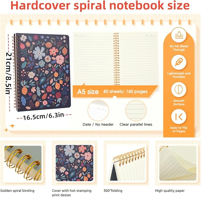 3 Pack Hardcover Spiral Notebook Spiral Journals for Women 160 Pages, 6.3 x 8.3 Inches,100gsm Paper,Cute College Ruled Notebook, Back Pocket, Office Supplies (FG-flower)