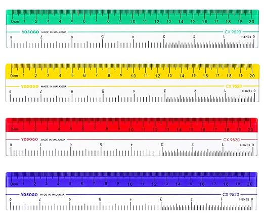 8 inch/20 cm Rulers. Pack of 12 of Premium Quality Plastic Transparent Rulers | Yellow, Green, Red, Blue