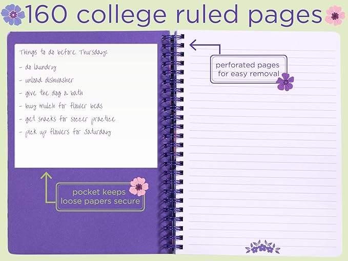Steel Mill & Co Cute Mini Spiral Notebook, 8.25" x 6.25" Journal with Durable Hardcover and 160 Lined Pages, Lilac Floral
