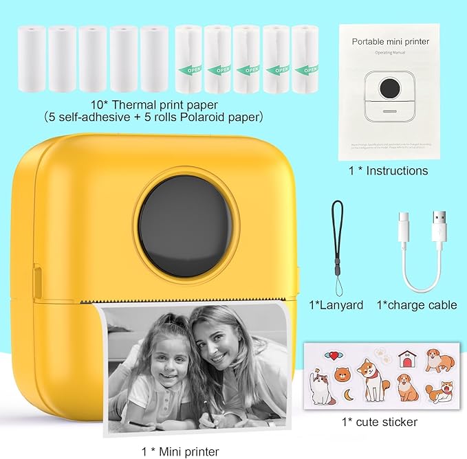HuiJuKeJi Mini Sticker Printer Bluetooth Smart Pocket Inkless Thermal Printer with 11 Rolls Thermal Paper and Sticker for iOS&Android, Portable Receipt Printer for Photo Note Memo (Yellow)